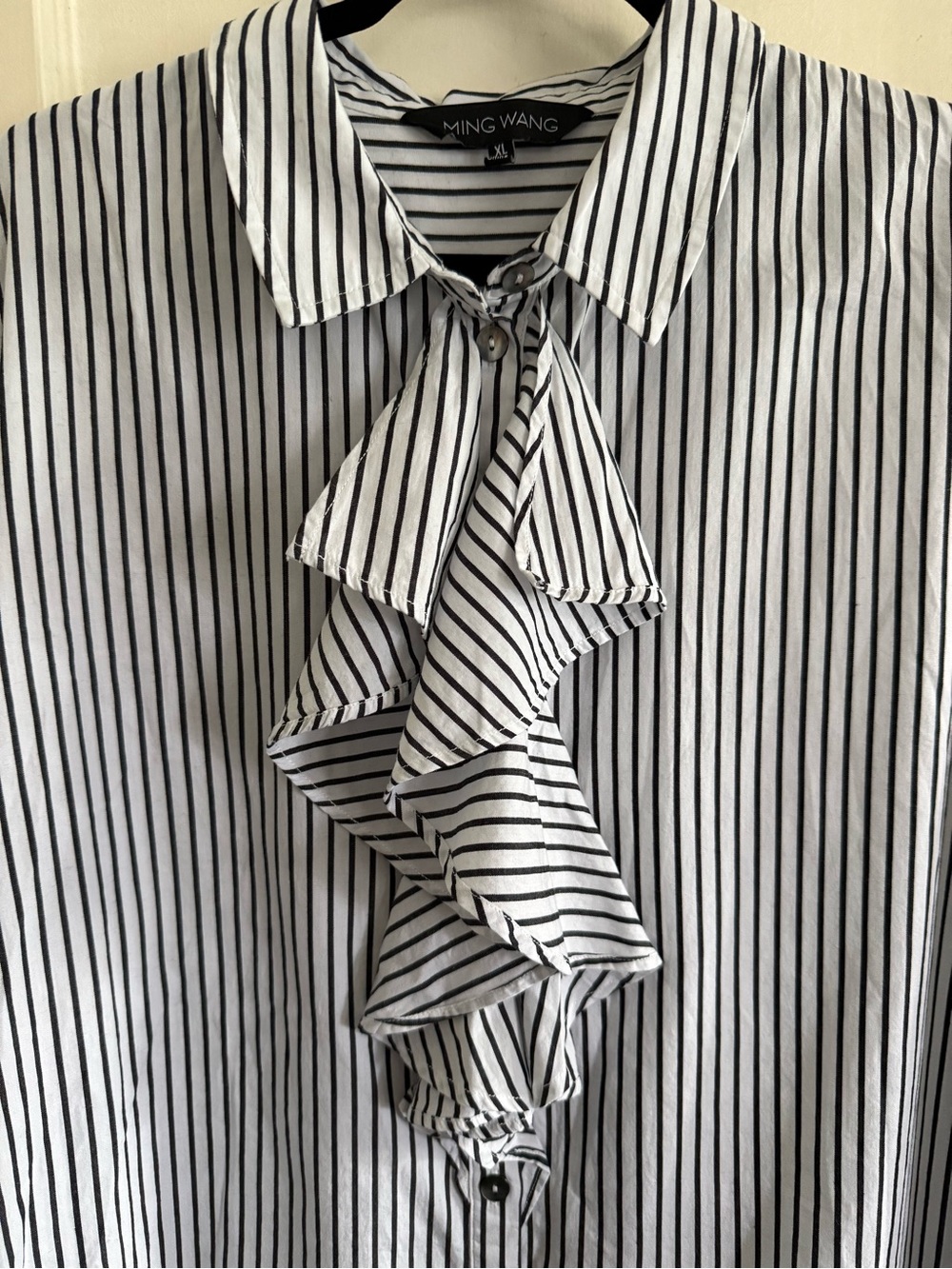 Ming Wang | Tanya Foster XL Black White Stripe Ruffle Collar Button Up Blouse - Picture 3 of 6